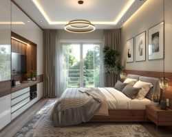 ethnic interior design of a small double bedroom with balcony, mid-dark brown wooden floor, glossy white cabinets with wood handles, modern led chandelier in the shape of infinity, white walls, ethnic and modern design, ethnic core --ar 16:9 --style raw --stylize 250 Job ID: 401c2bb7-fd03-4e6b-98c6-4d780e31eff5